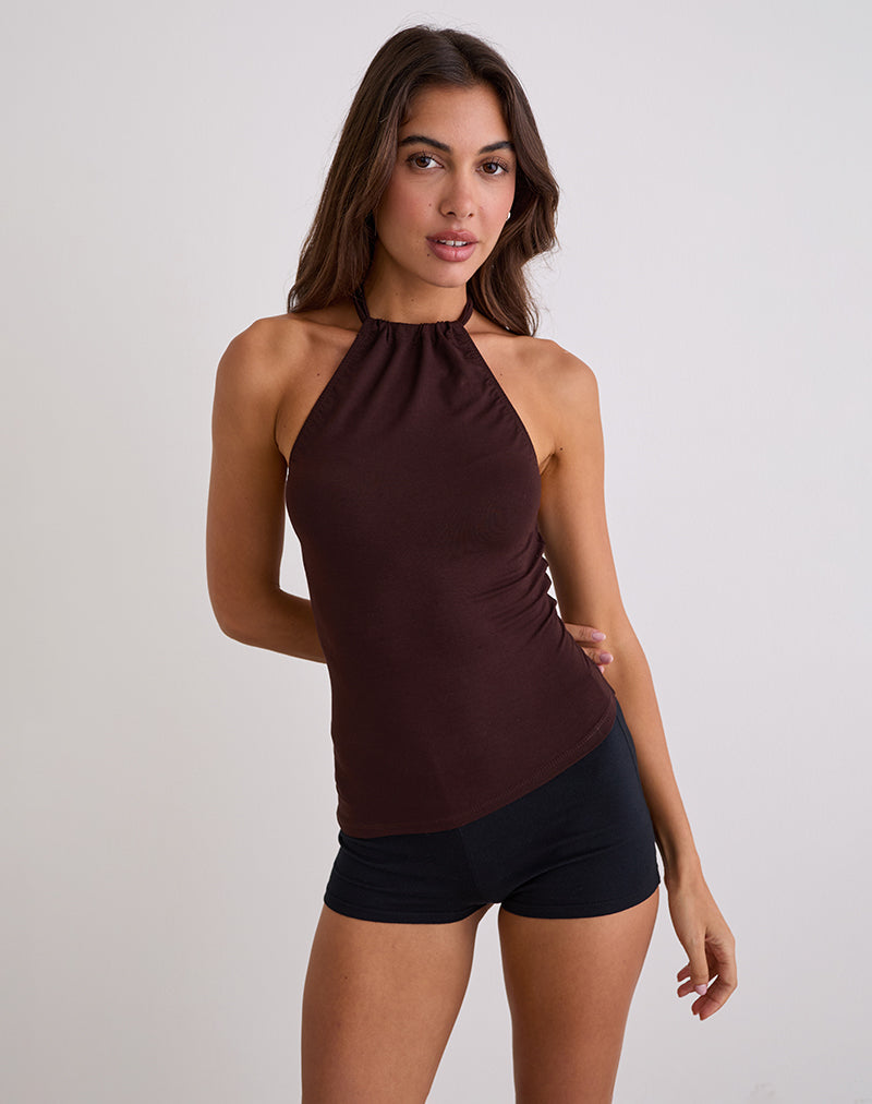Sadra Halter Top in Rayon Jersey Bitter Chocolate