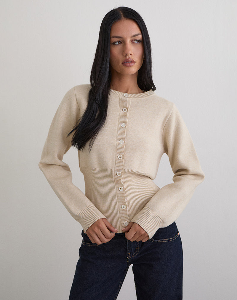 Subra Long Sleeve Ribbed Hem Cardigan in Ivory