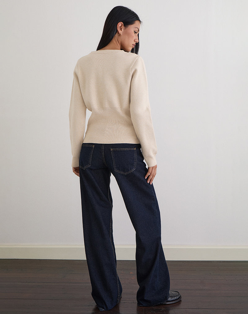 Subra Long Sleeve Ribbed Hem Cardigan in Ivory