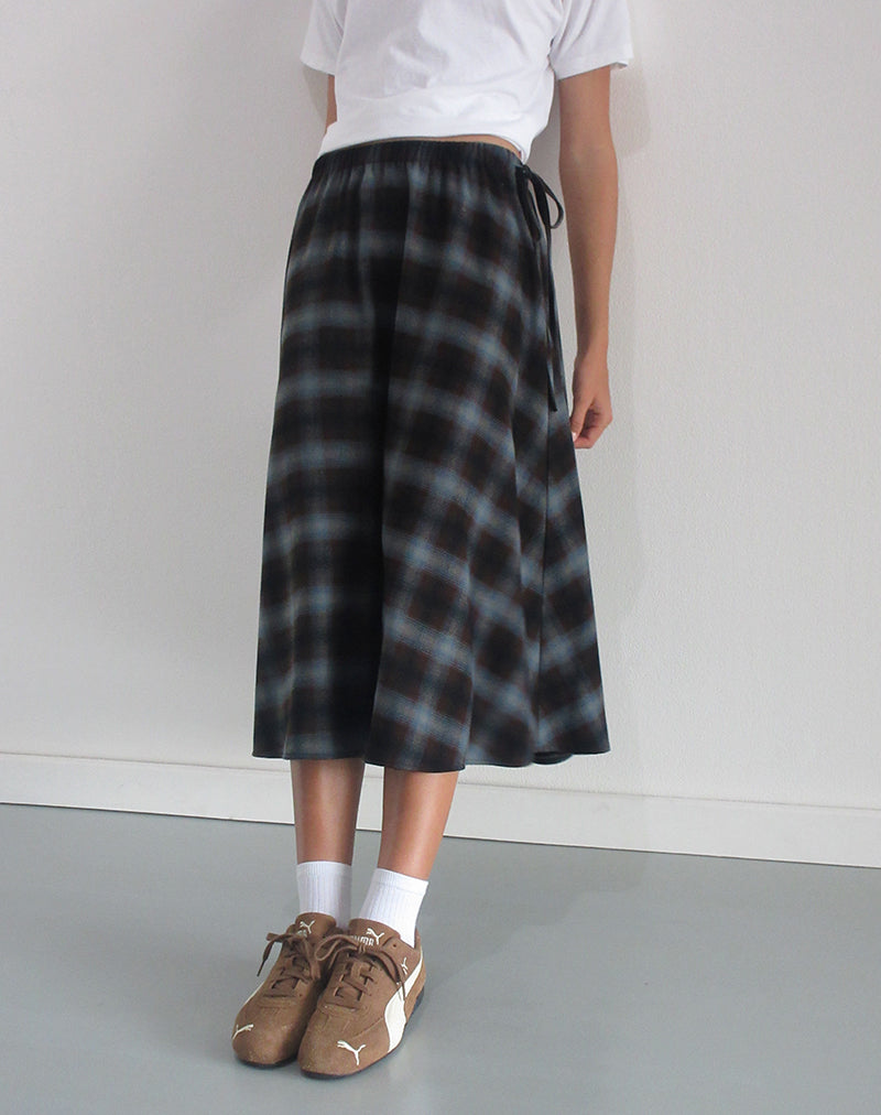 Taka Midi Skirt in Blue and Brown Check