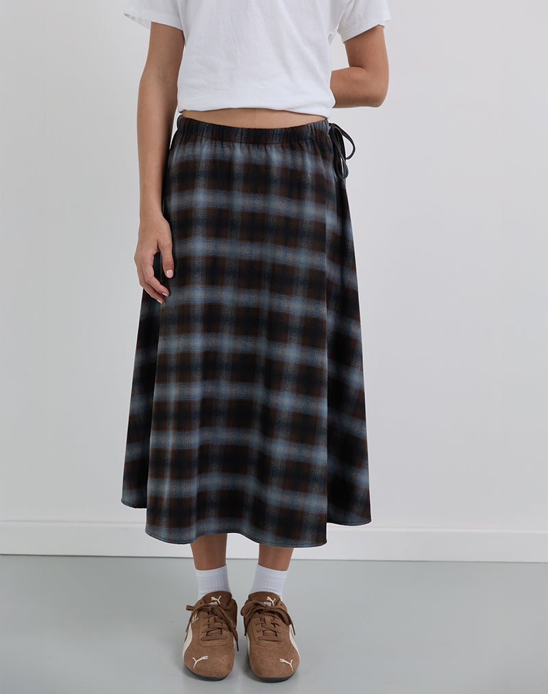 Taka Midi Skirt in Blue and Brown Check