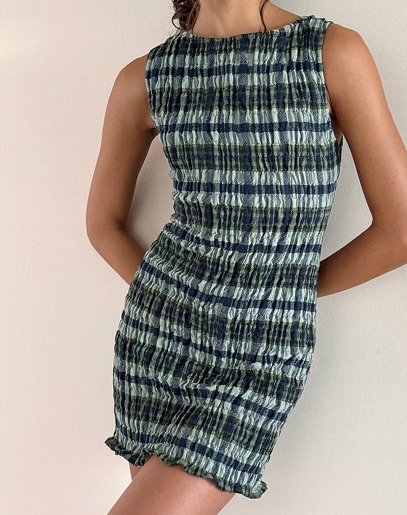 Takayi Mini Dress in Linen Mono Check Green