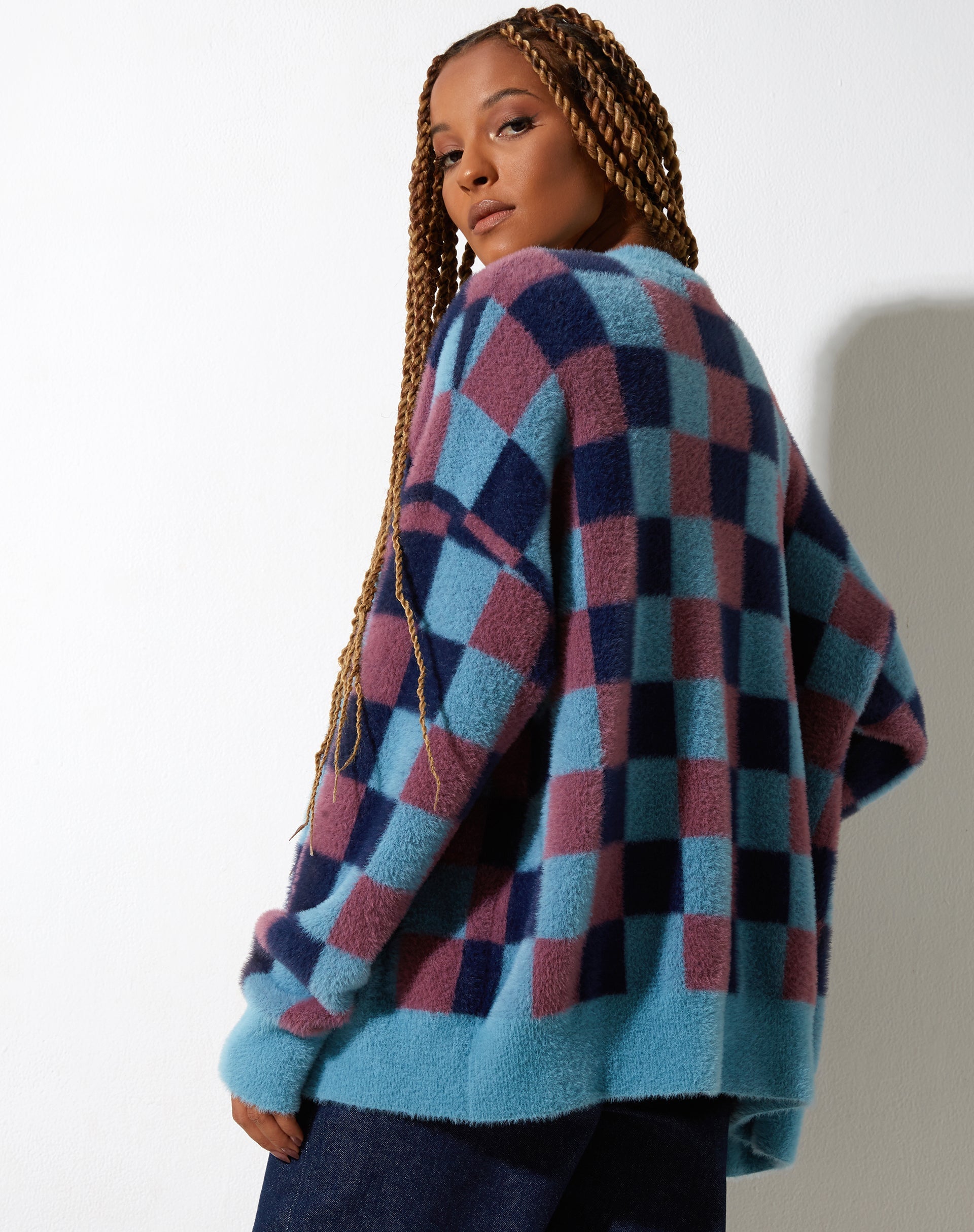 Talana Cardi in Check Blue Tones