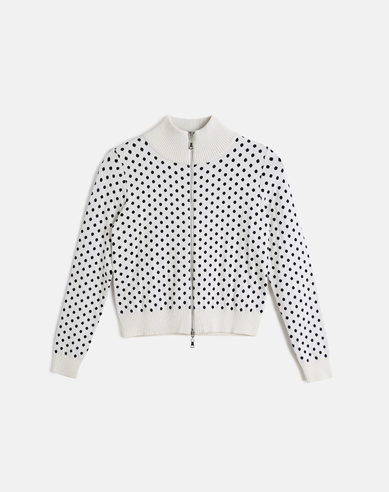 Talisa Zip Through Knit Jacket in Tiny Polka Ivory