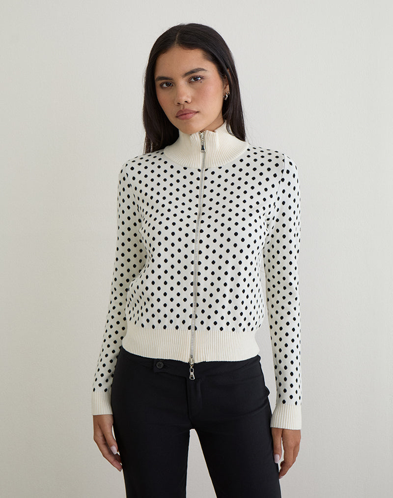 Talisa Zip Through Knit Jacket in Tiny Polka Ivory