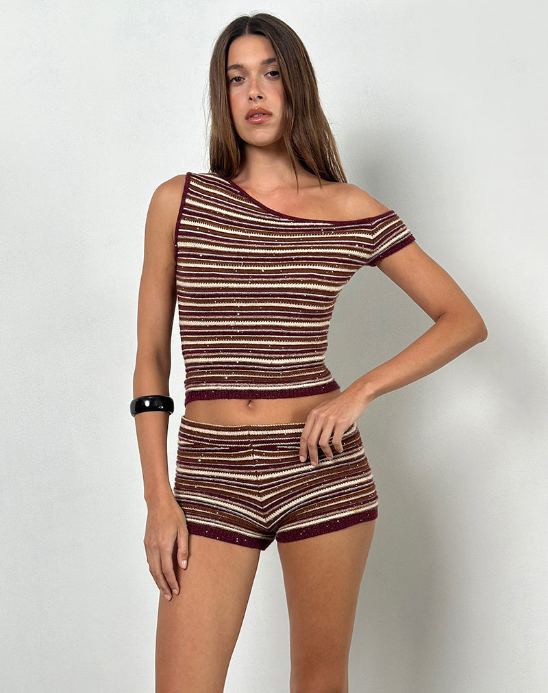 Tamia Off Shoulder Top in Shimmer Stripe Knit Rust