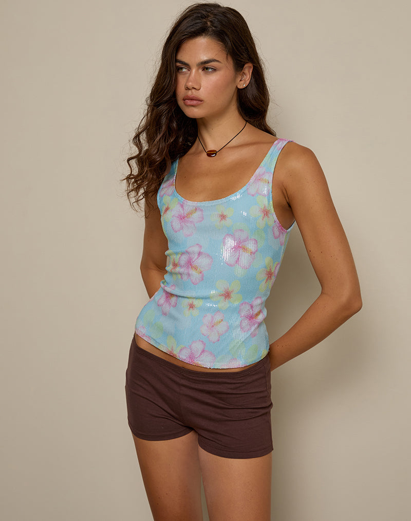 Tampa Top in Sequin Blooming Flower Blue
