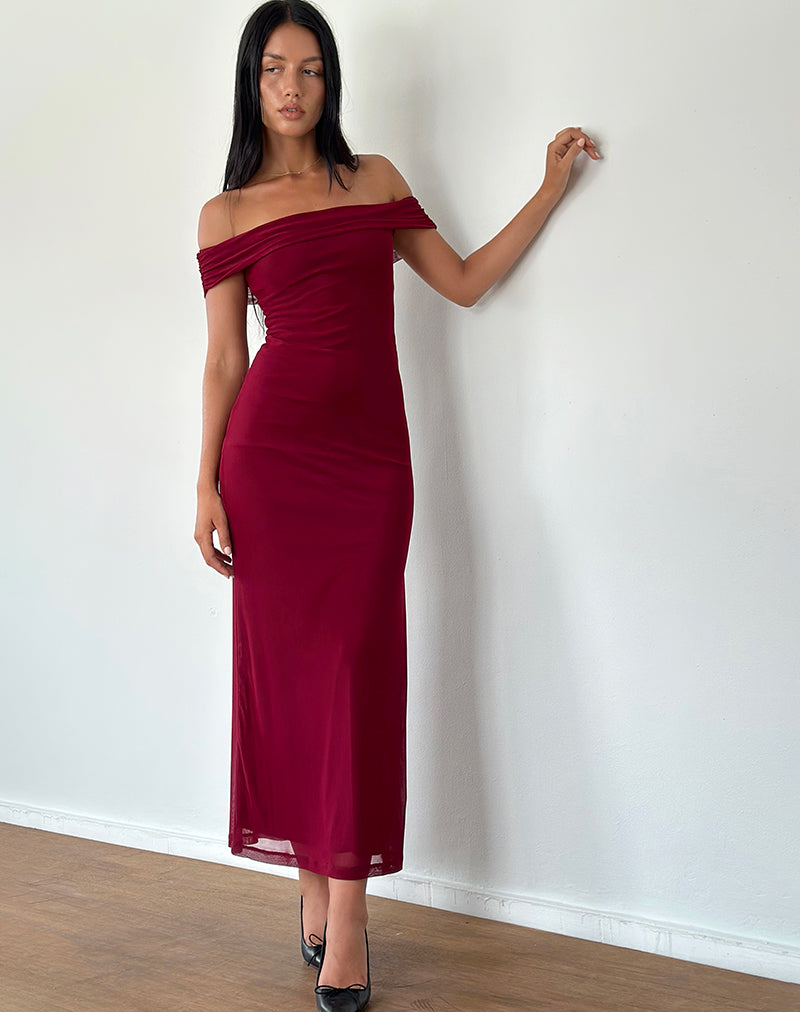 Tarna Bardot Maxi Dress in Mesh Burgundy