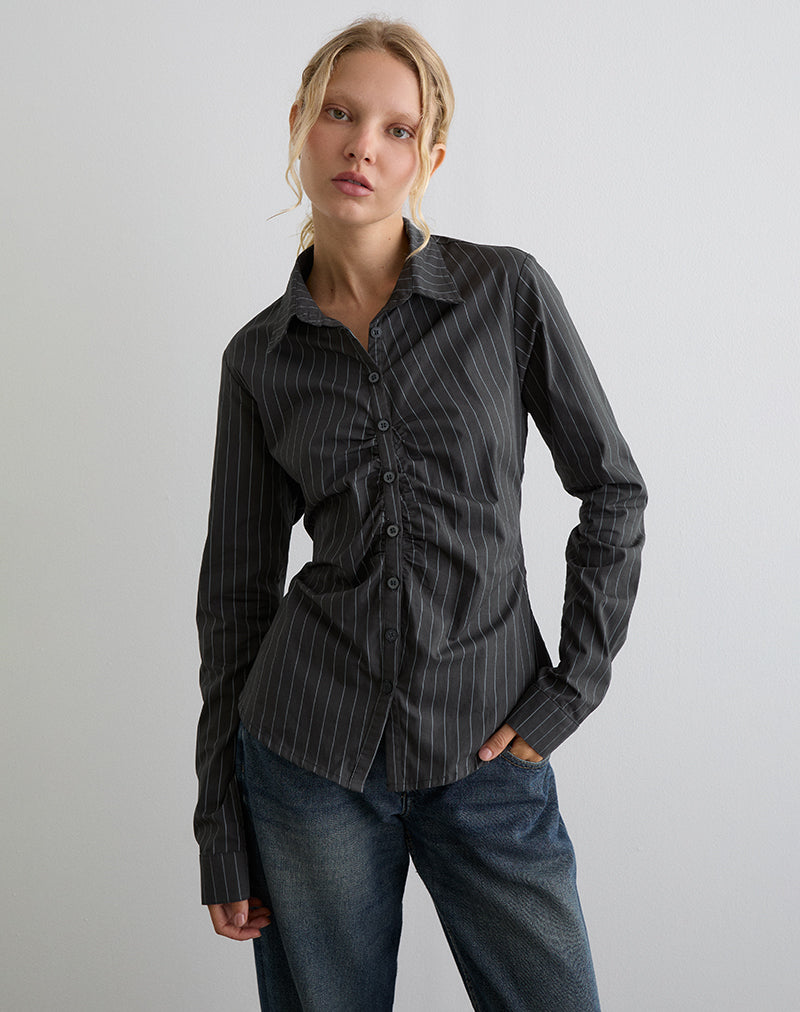 Tarsi Fitted Shirt in Mono Pinstripe Grey