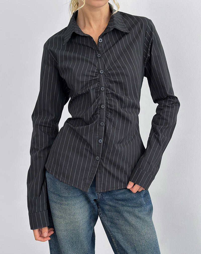 Tarsi Fitted Shirt in Mono Pinstripe Grey
