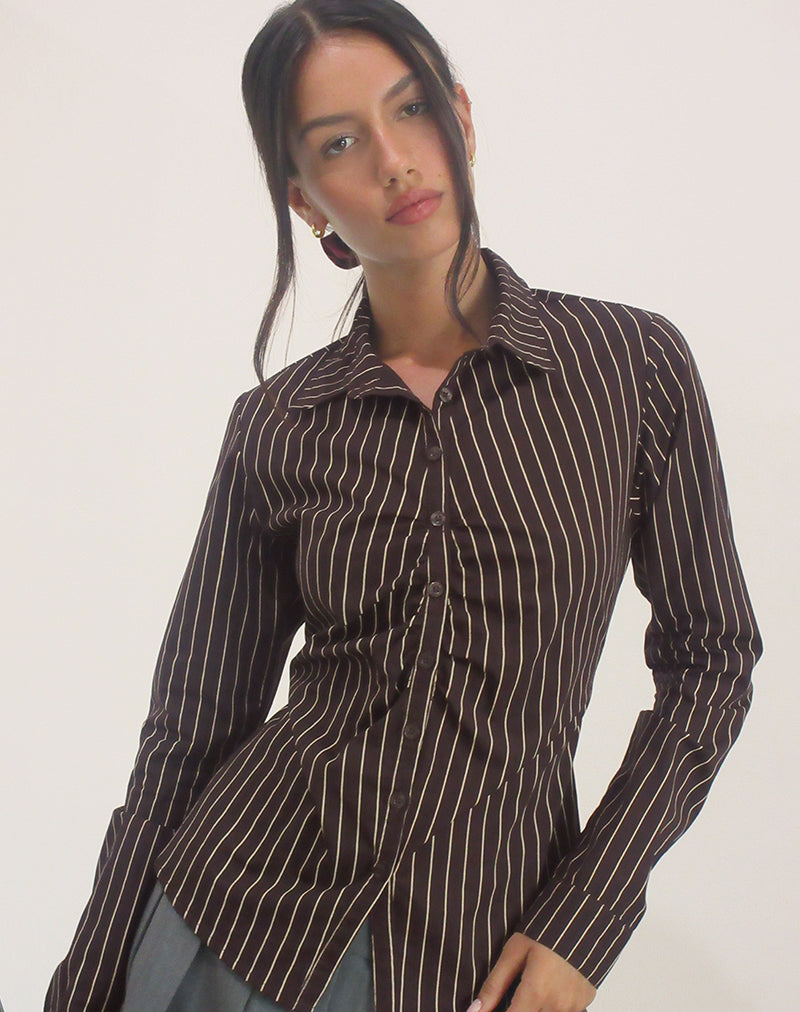 Tarsi Fitted Shirt in Mono Pinstripe Chocolate