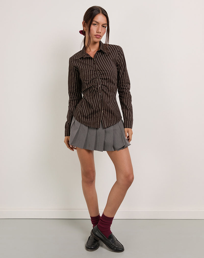 Tarsi Fitted Shirt in Mono Pinstripe Chocolate