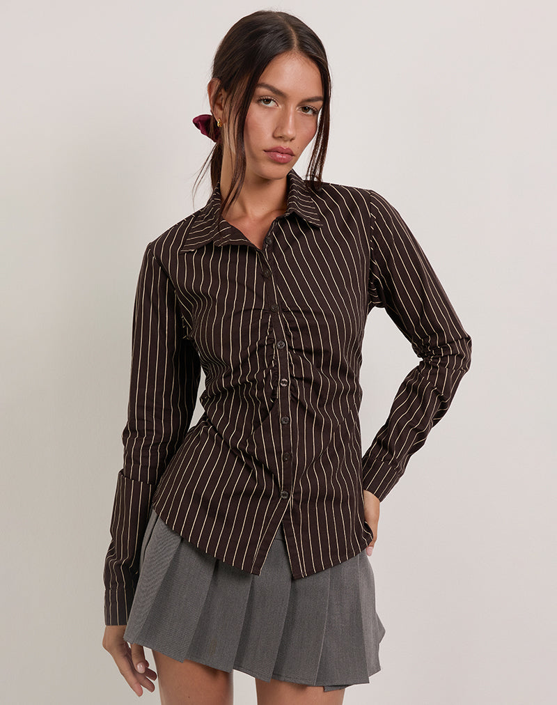 Tarsi Fitted Shirt in Mono Pinstripe Chocolate