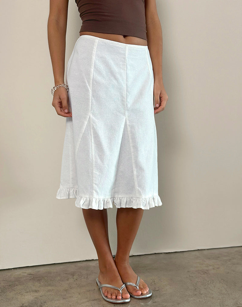Tausi Pleated Midi Skirt in Off White Linen