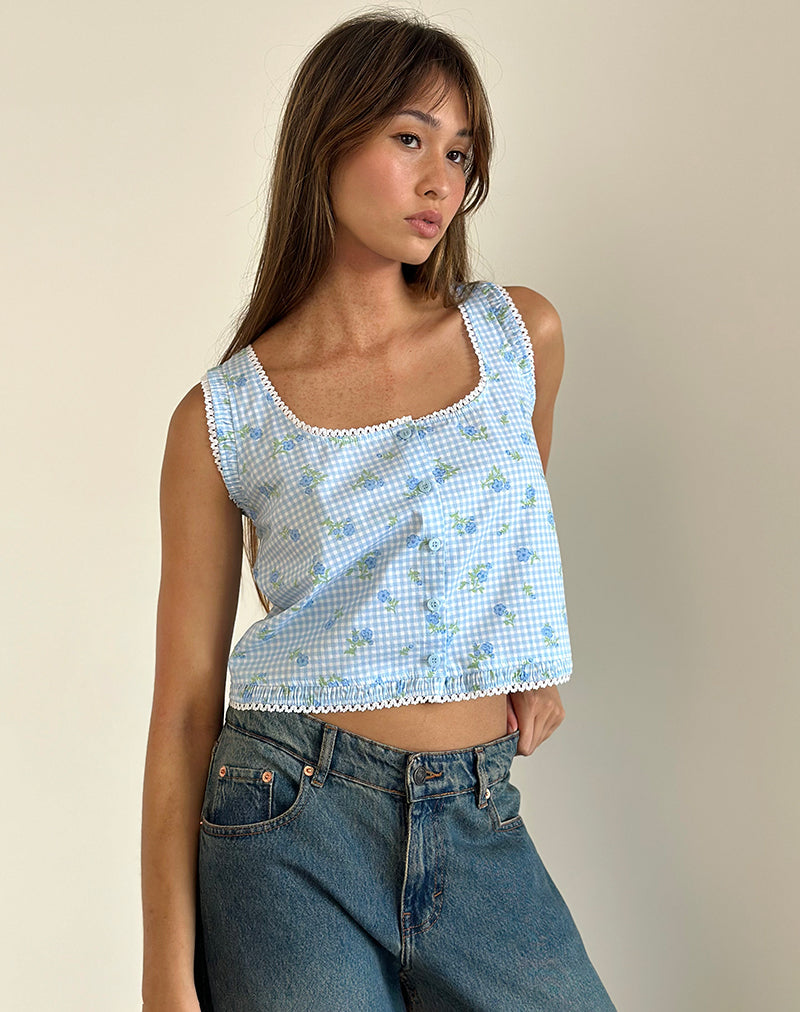 Ternya Top in Blue Flower Gingham