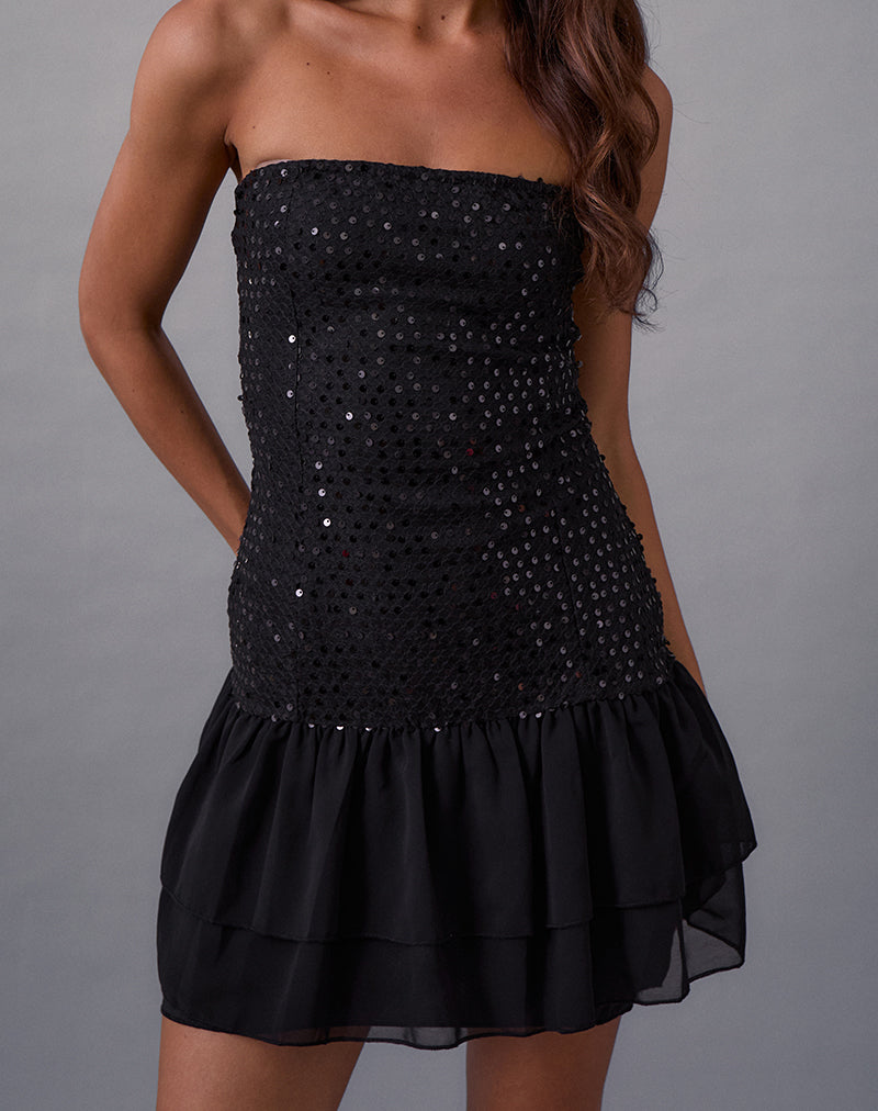 Tinosa Corset Dress in Ruffle Sequin Black