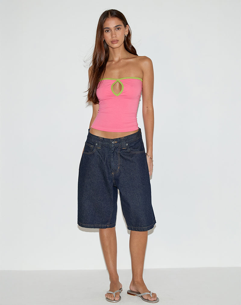Tiria Cutout Bandeau Top in Bubble Gum with Leaf Green Binding