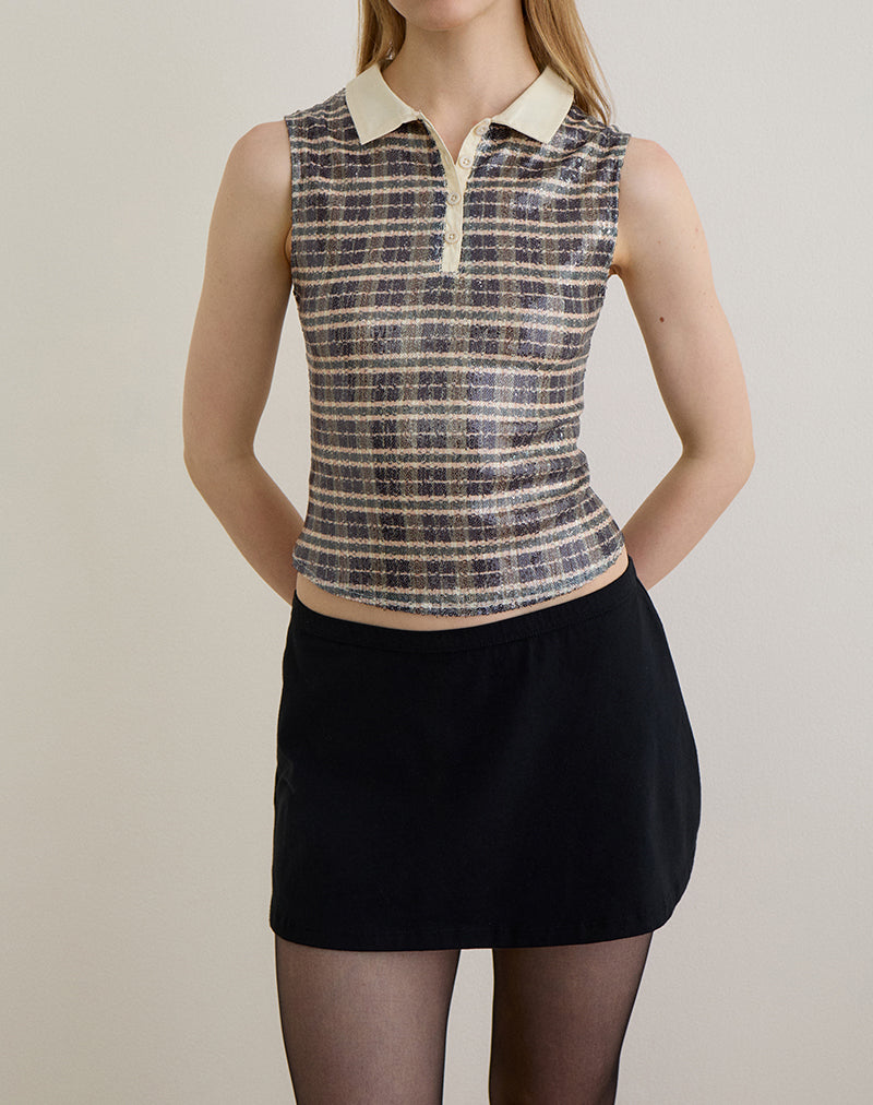 Tisuka Polo Top in Sequin Vintage Check Brown
