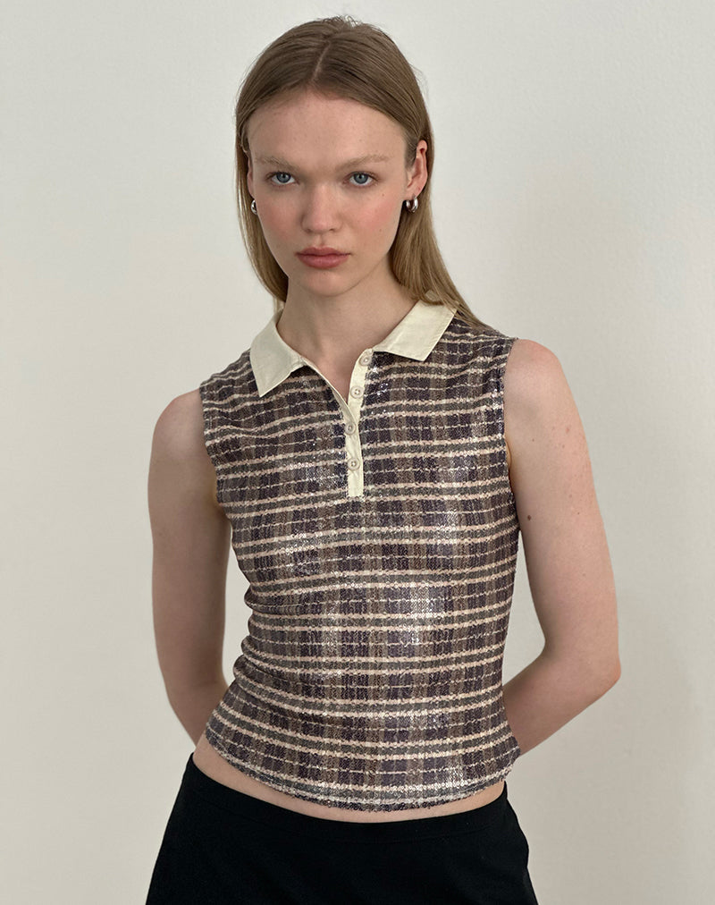 Tisuka Polo Top in Sequin Vintage Check Brown