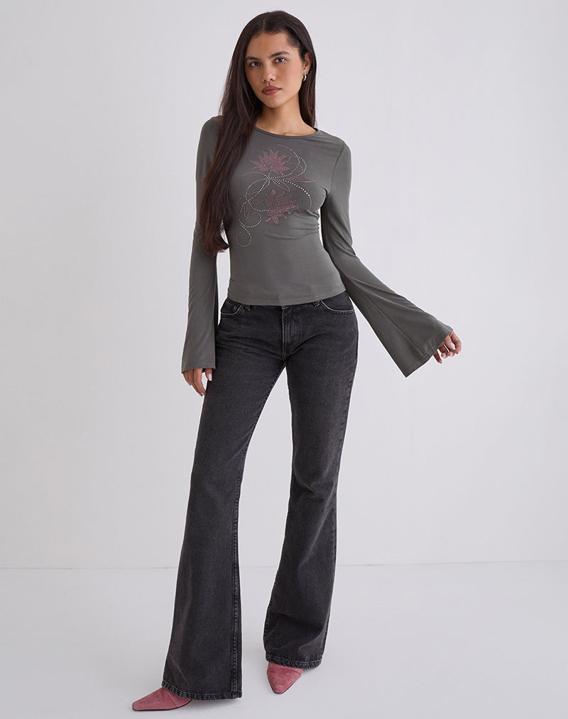 Tiyana Long Sleeve Top in Diamante Flower Dark Grey