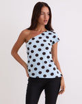 Tokiwa Asymmetric Shoulder Tee in Big Polka Blue Brown
