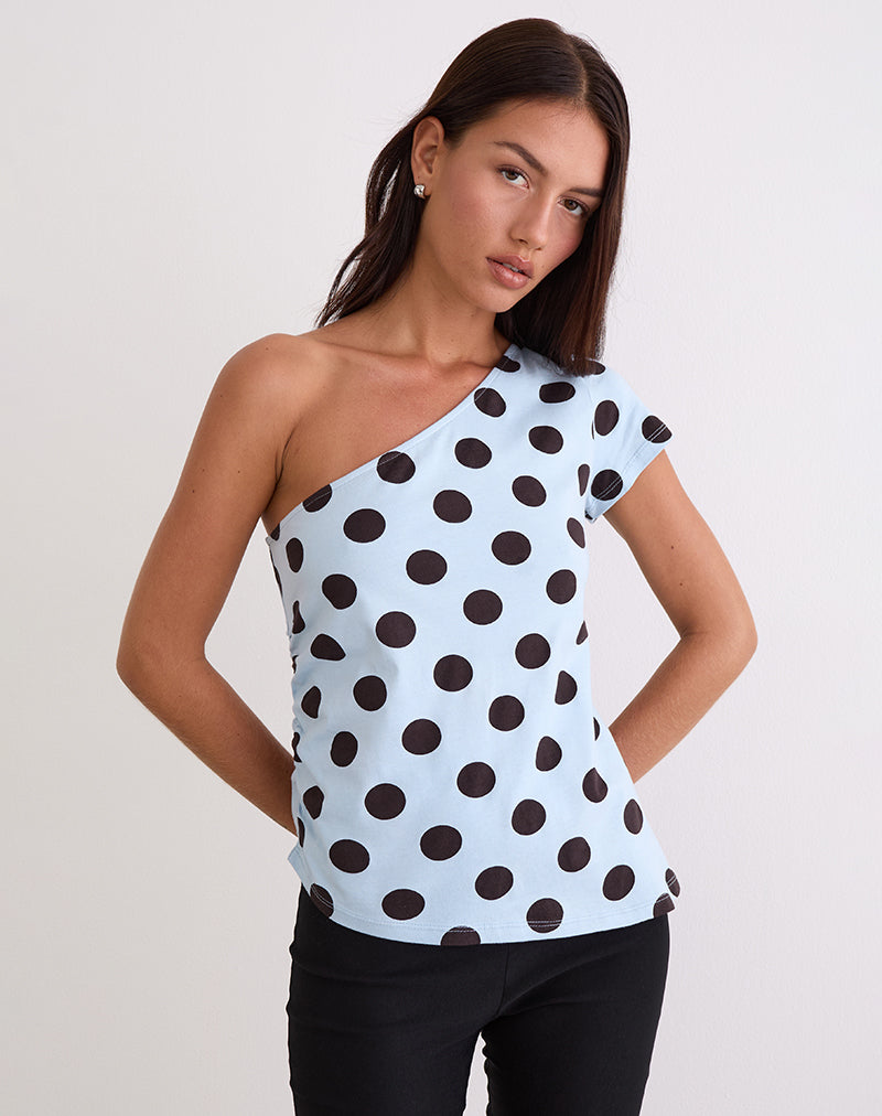 Tokiwa Asymmetric Shoulder Tee in Big Polka Blue Brown