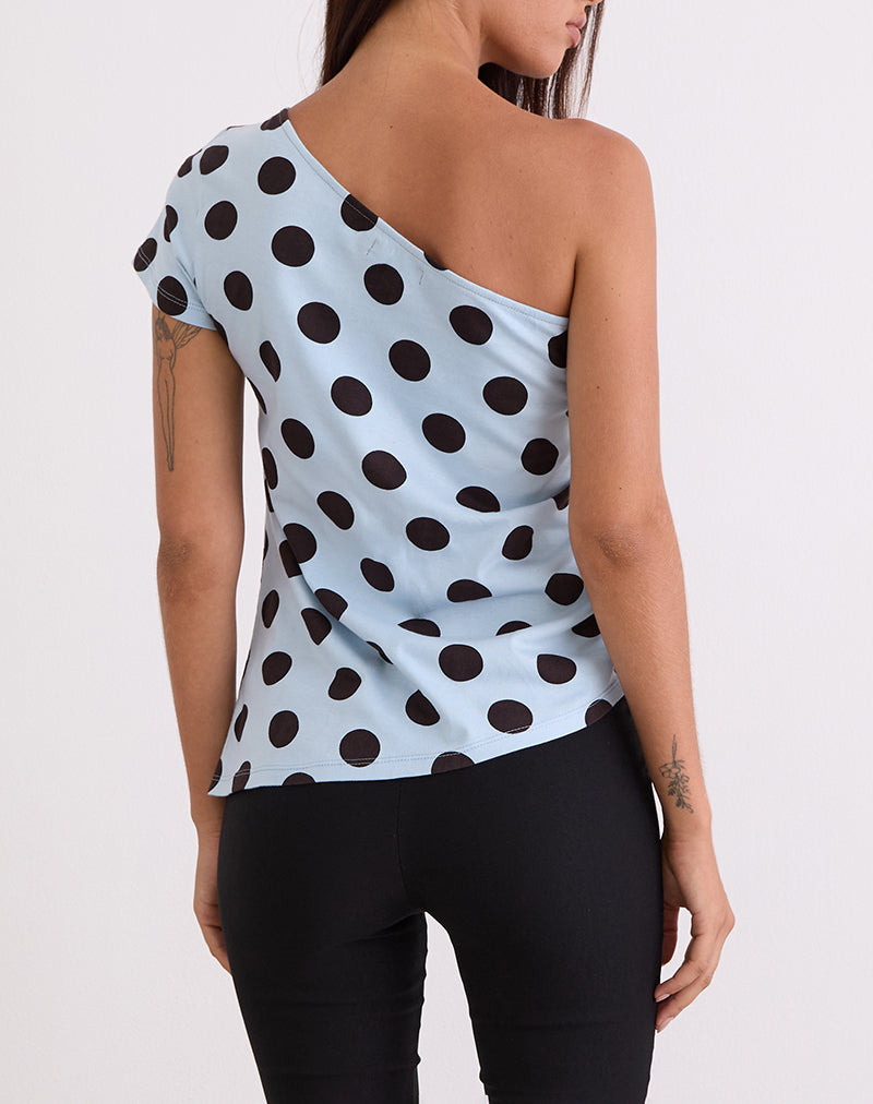 Tokiwa Asymmetric Shoulder Tee in Big Polka Blue Brown
