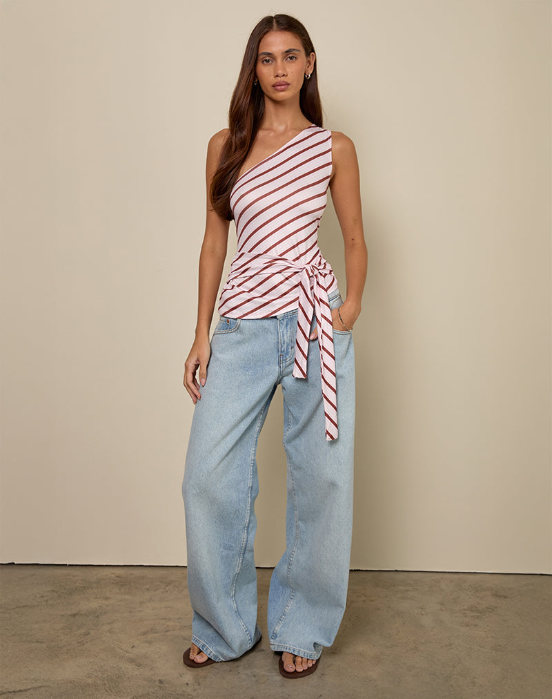 Uberta Asymmetric One Shoulder Tie Top in Diagonal Stripe Pink