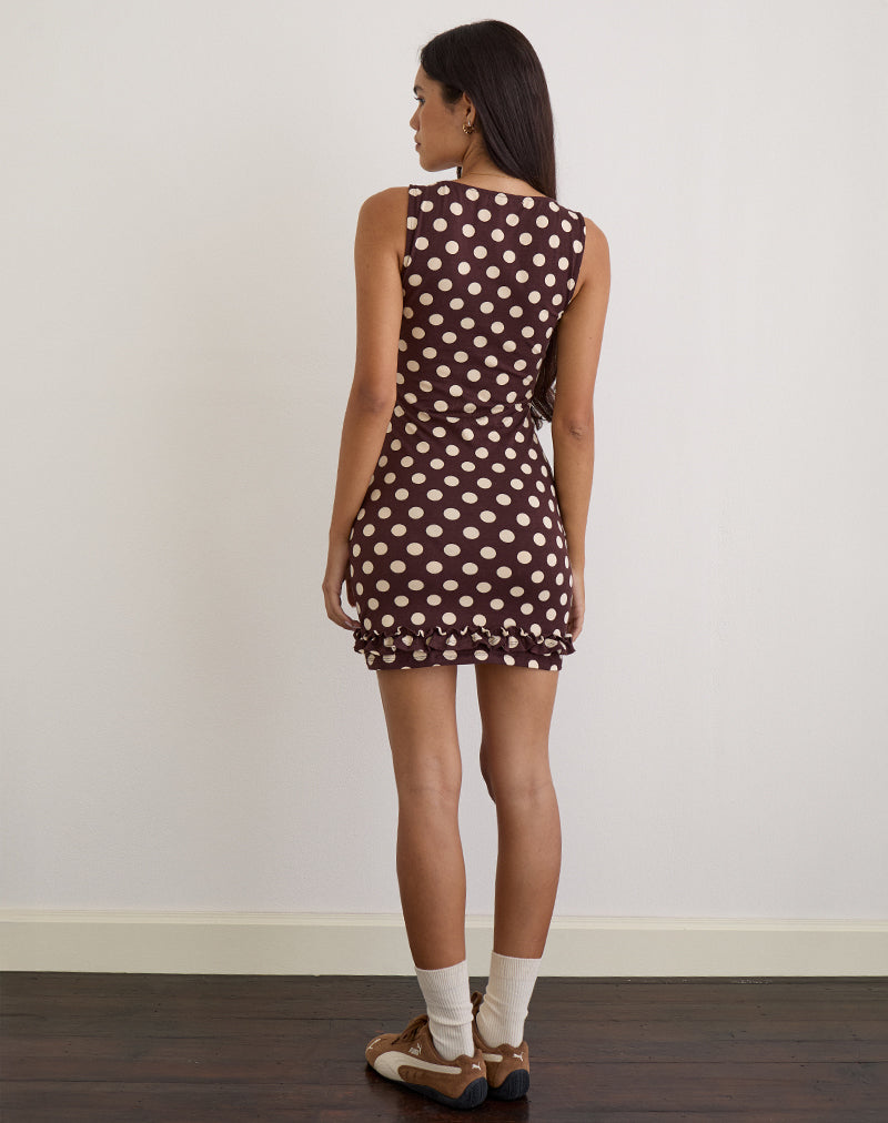 Vadora Frill Hem Mini Dress in Brown with Big Polka Cream