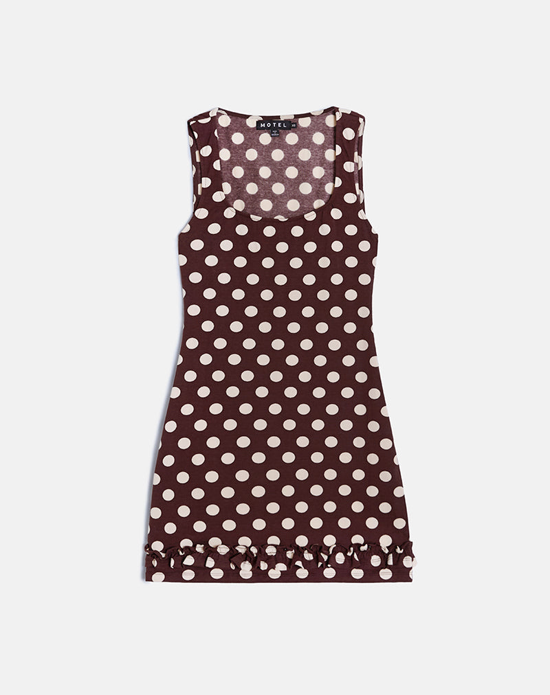 Vadora Frill Hem Mini Dress in Brown with Big Polka Cream