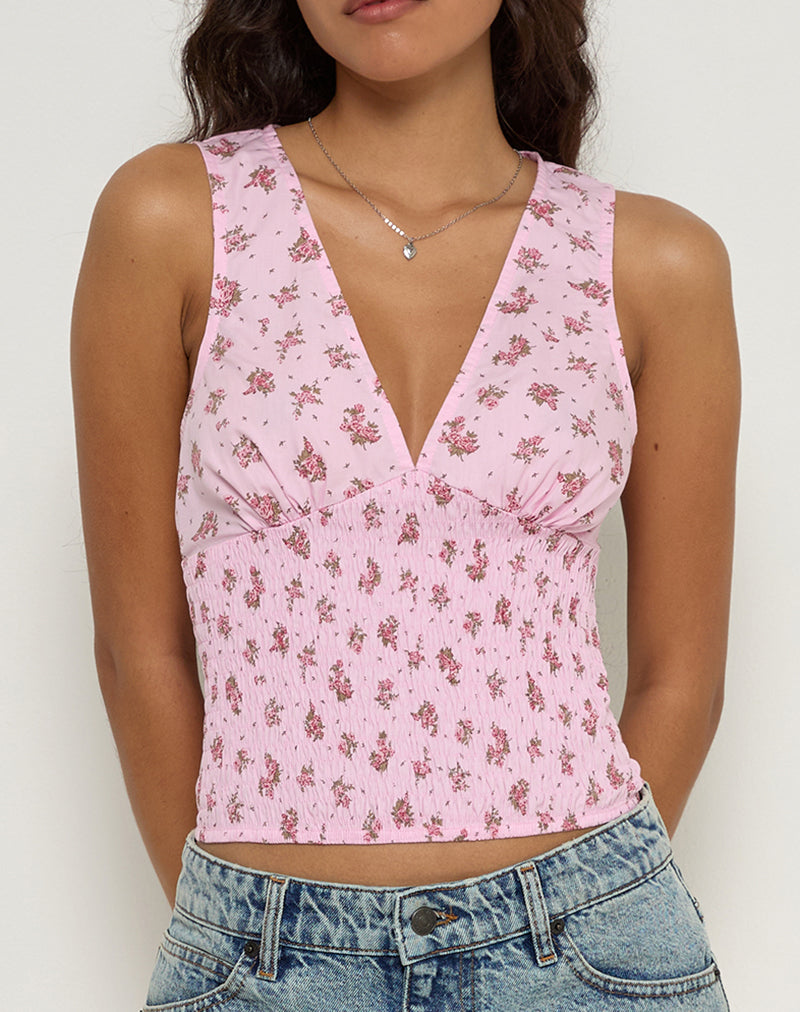 Valisa Plunge Top in Floral Romance Pink