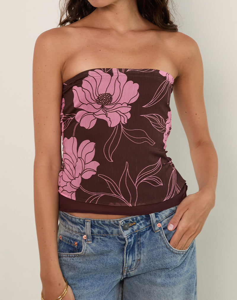 Varsha Bandeau Top in Flare Floral Pink Brown