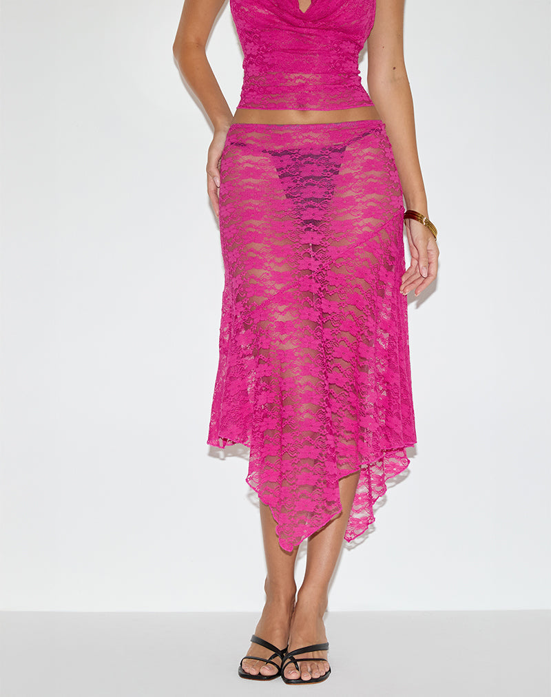 Cinta Low Rise Midi Skirt in Orchid Lace Hot Pink