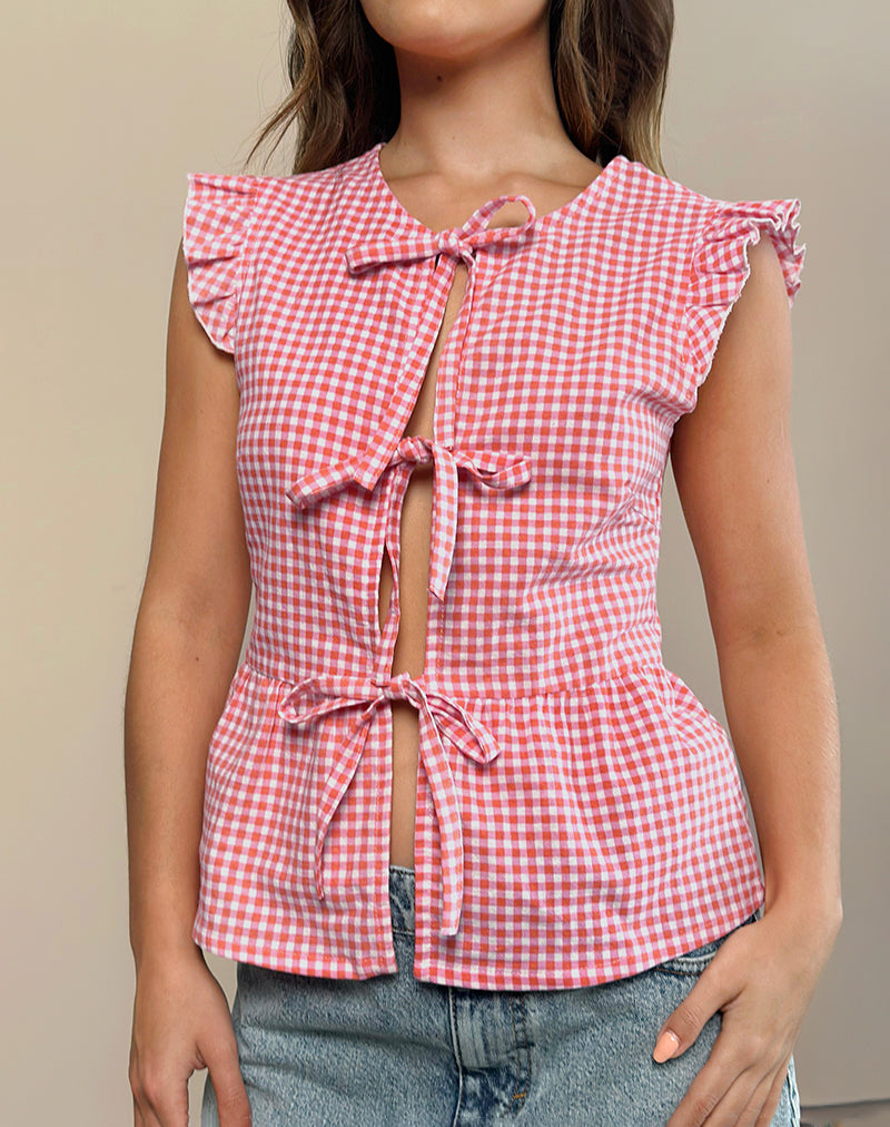 Vataka Tie Front Top In Mini Gingham Peach