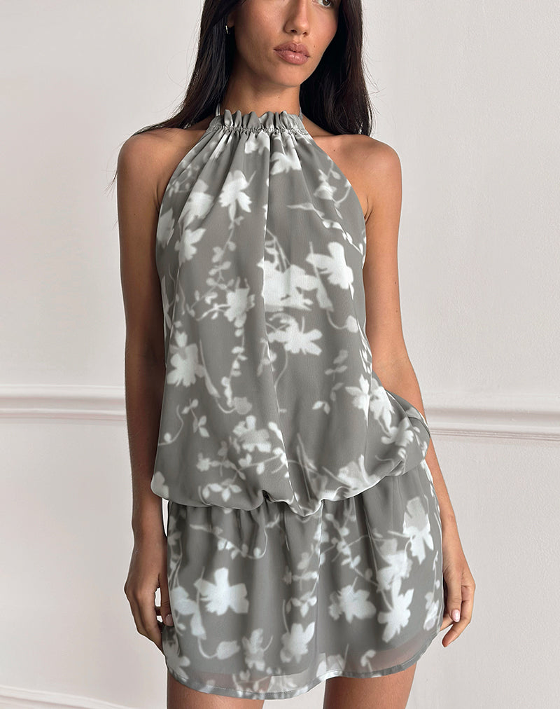 Veloria Mini Dress in Blurred Floral Grey
