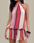 Veloria Halterneck Mini Dress in Pink Sheer Chiffon Painted Stripe