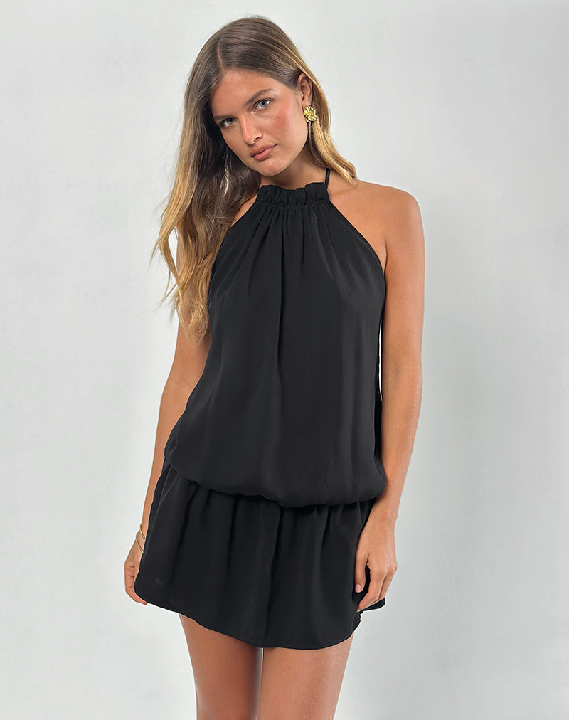 Veloria Halterneck Mini Dress in Black Chiffon with Lining