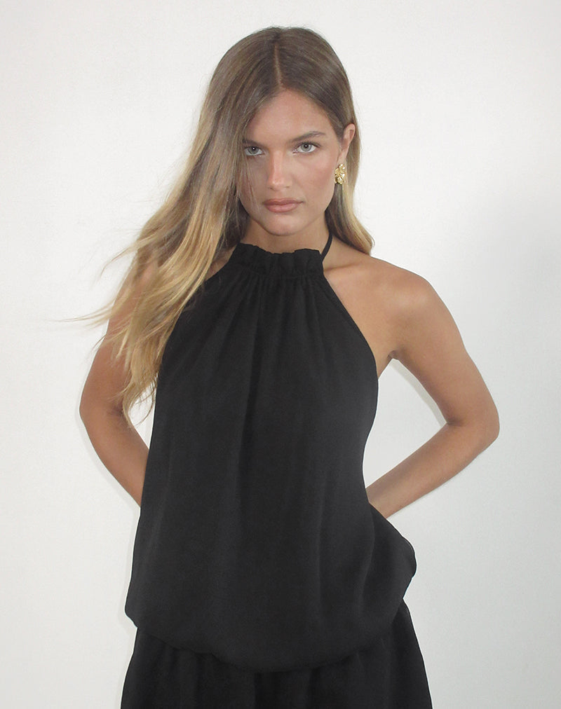 Veloria Halterneck Mini Dress in Black Chiffon with Lining