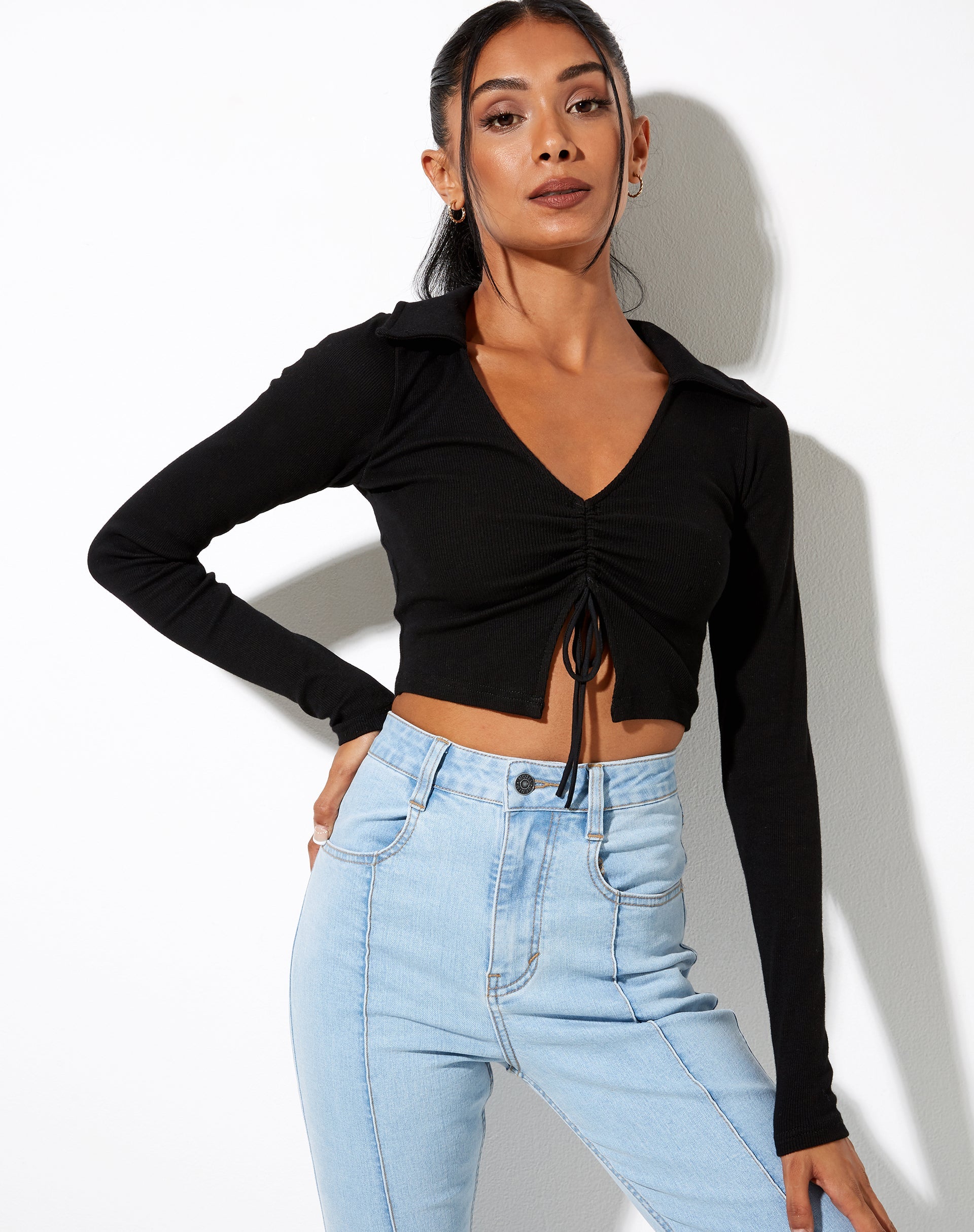 Venema Long Sleeve Top in Rib Black
