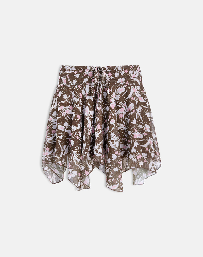 Veny Mini Skirt in Brown and Pink Polka Flower Chiffon