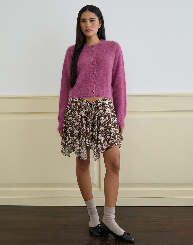 Veny Mini Skirt in Brown and Pink Polka Flower Chiffon