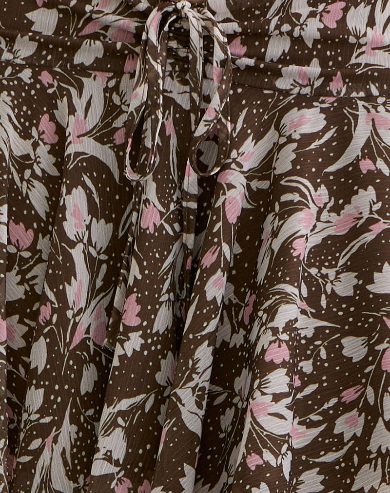 Veny Mini Skirt in Brown and Pink Polka Flower Chiffon