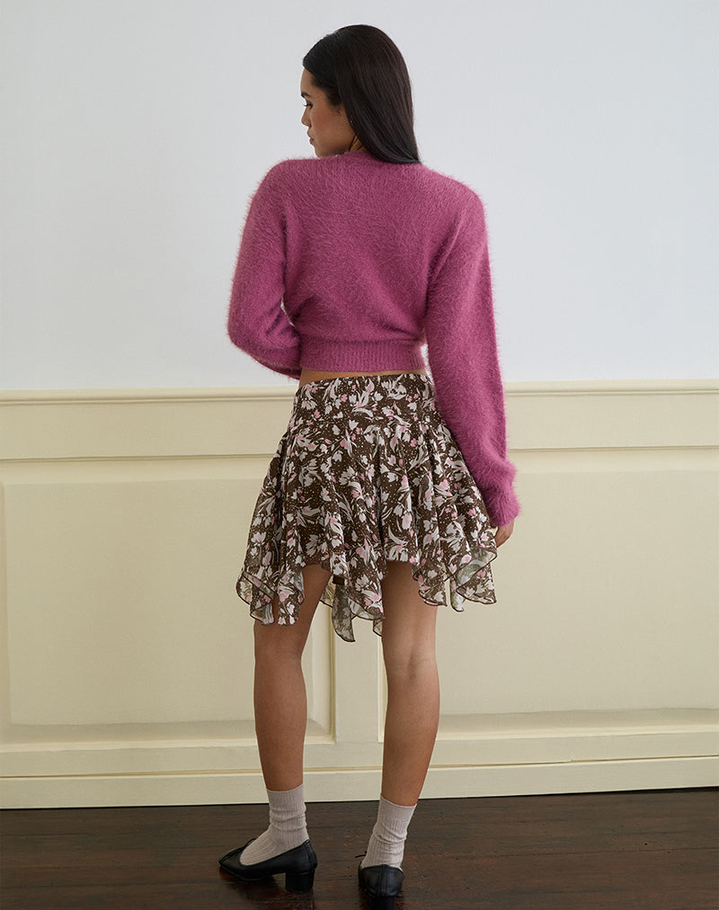 Veny Mini Skirt in Brown and Pink Polka Flower Chiffon