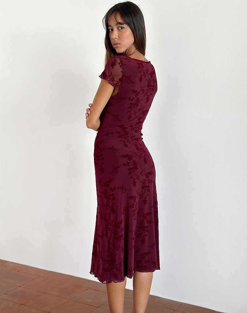 Vilinia Midi Dress in Botanical Flower Maroon