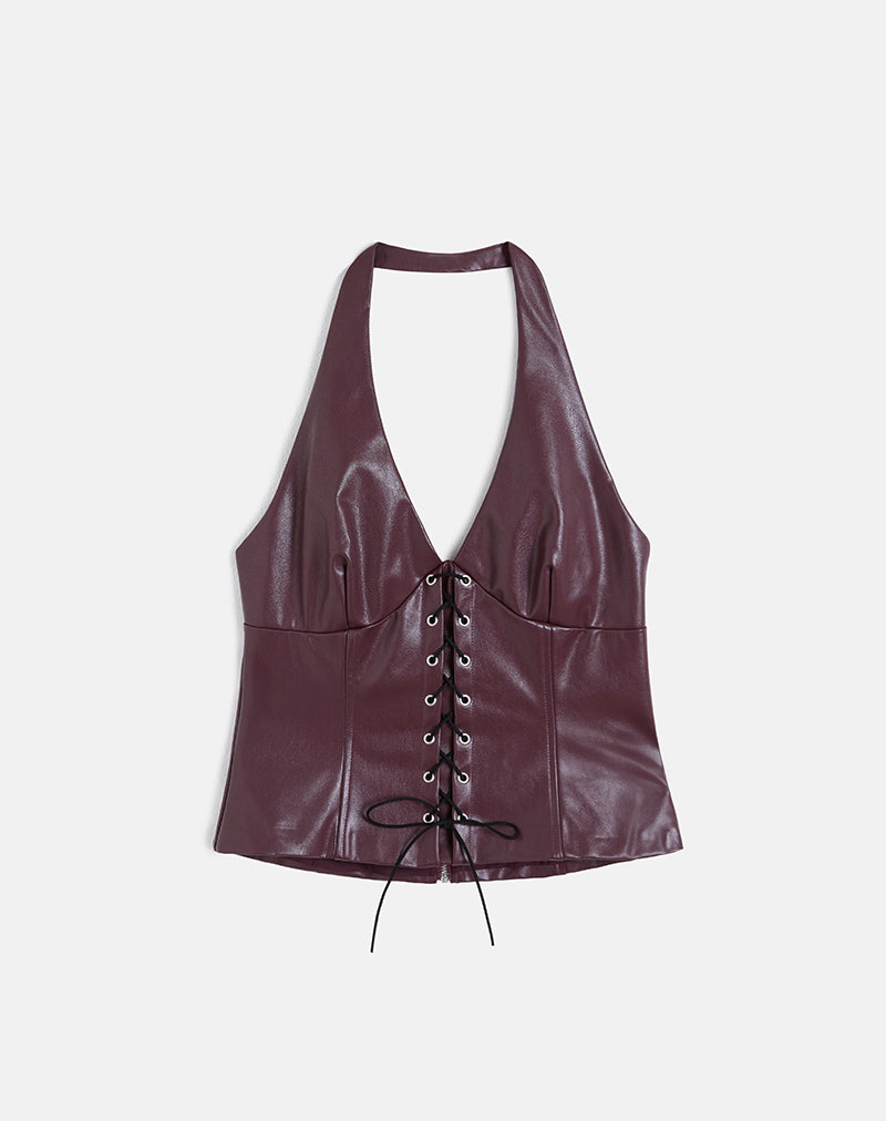 Wahya Lace Up Halter Top in PU Plum