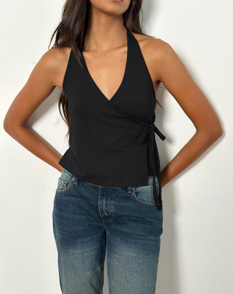 Wisty Halter Neck Wrap Top in Jersey Black