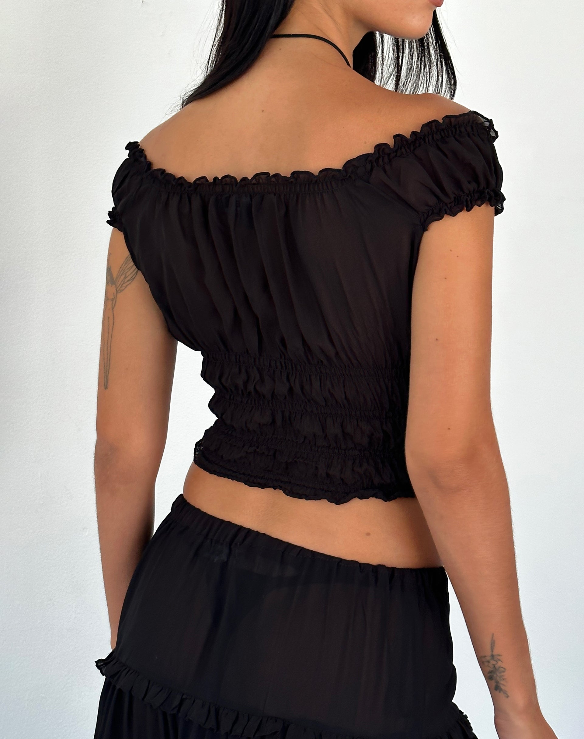 Xavi Shirred Bardot Top in Chiffon Black