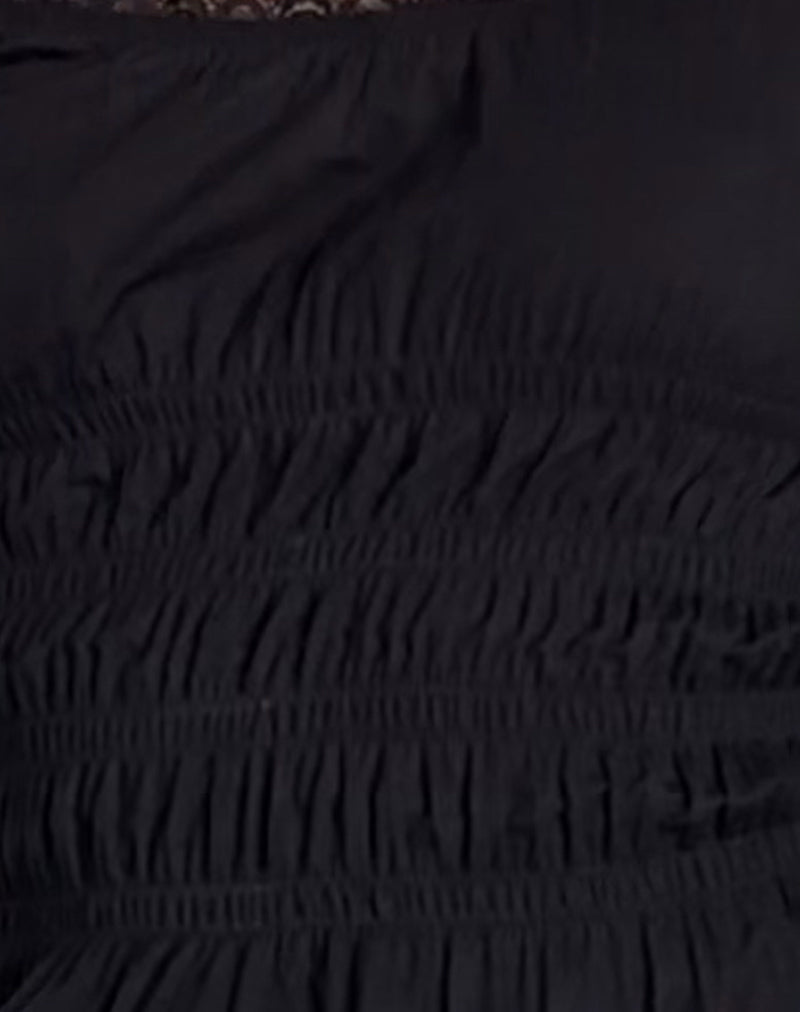 Xavinia Shirred Bardot Top in Black Poplin