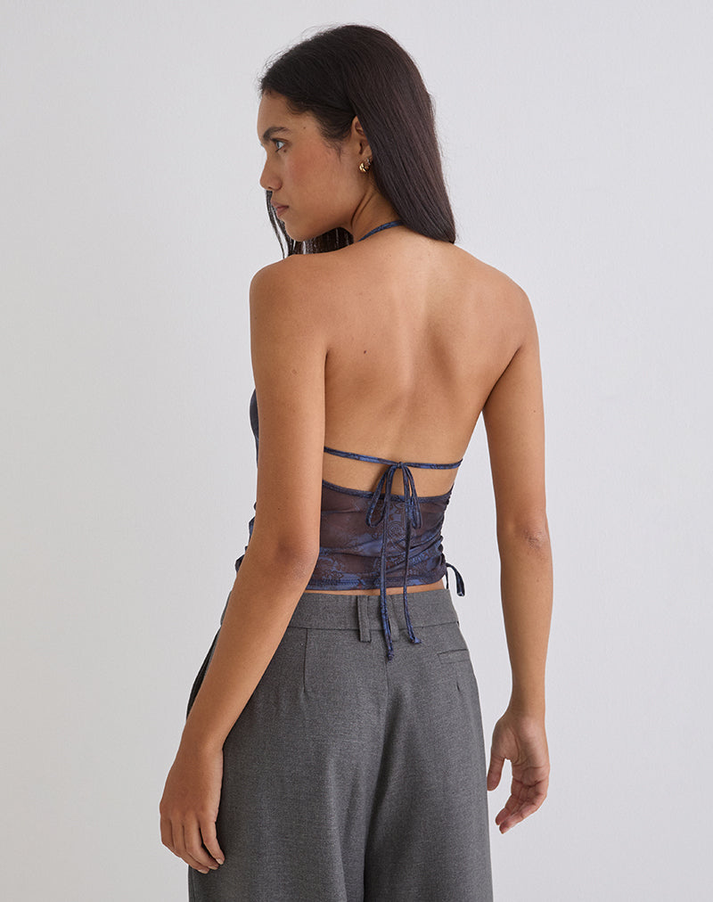 Xiomara Halterneck Top in Midnight Paisley Dark Blue