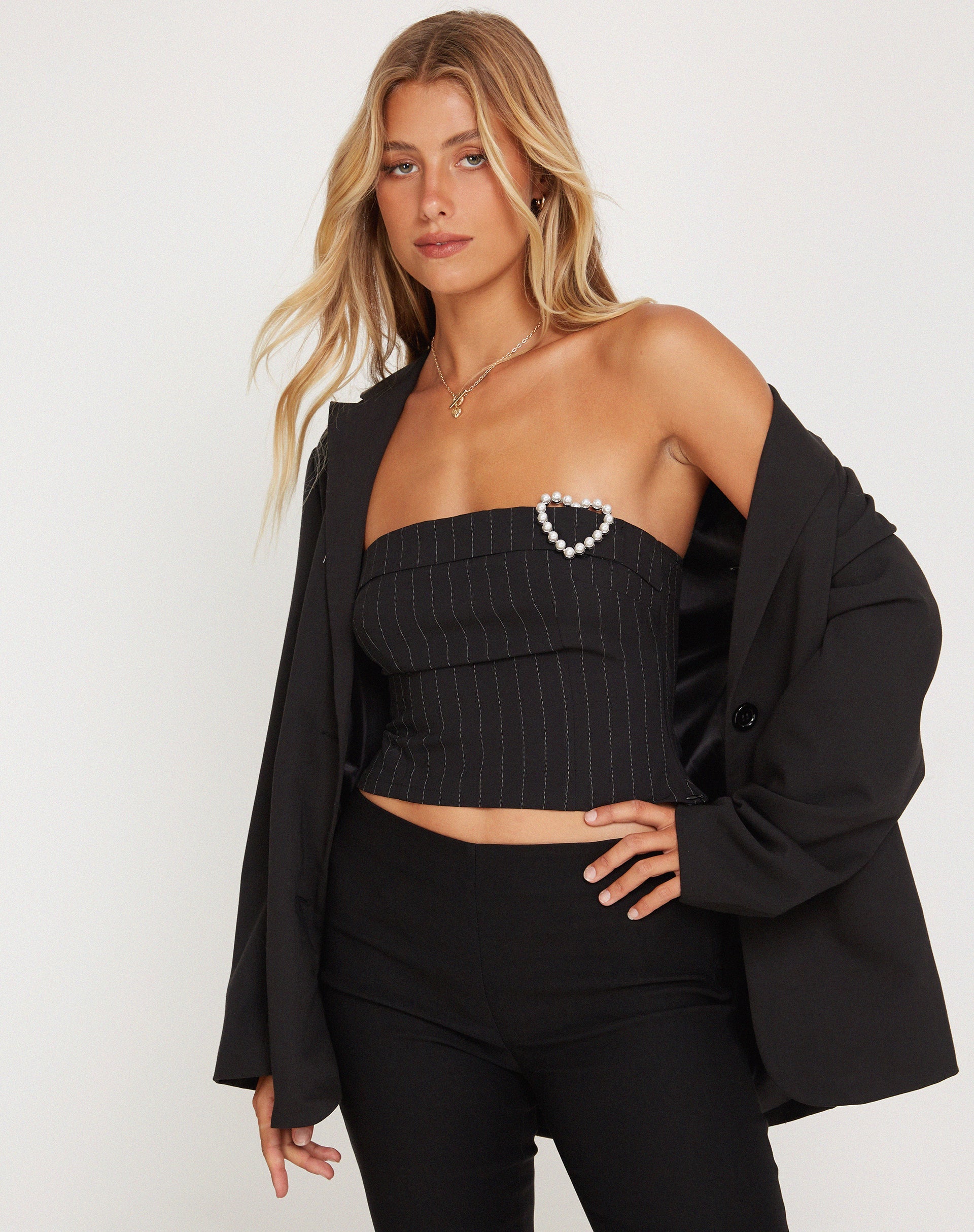 Yafira Bardot Top in Black Pinstripe with Heart Buckle